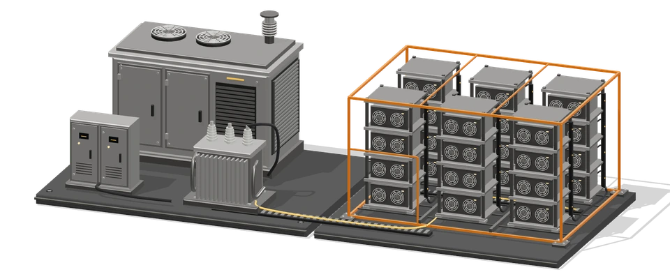 Illustrative platinum generator, transformer and switchgear supplying an orange-framed mining bay filled with 24 ASICs.